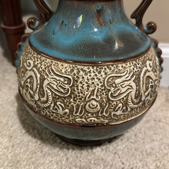 Art Pottery Asian Inspired Drip Glaze Ceramic Handled Vase with Dragon Motif - Picture 2 of 13